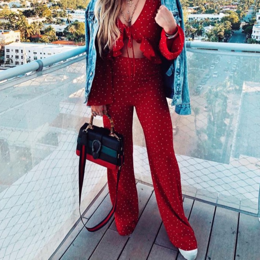 Red polka-dot long pants jumper
